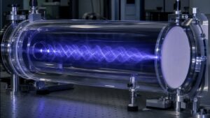 Unmarked detector array with wave-like probability glow and one recorded point