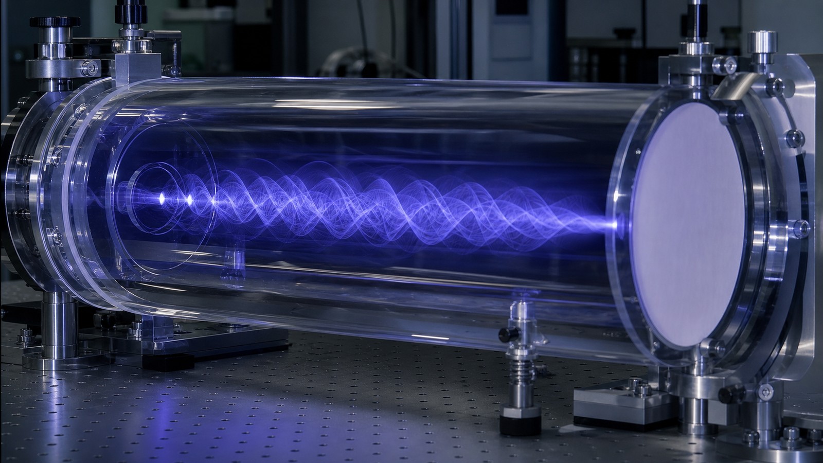Unmarked detector array with wave-like probability glow and one recorded point