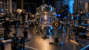 Quantum lab instruments aimed at one central glass chamber from different directions
