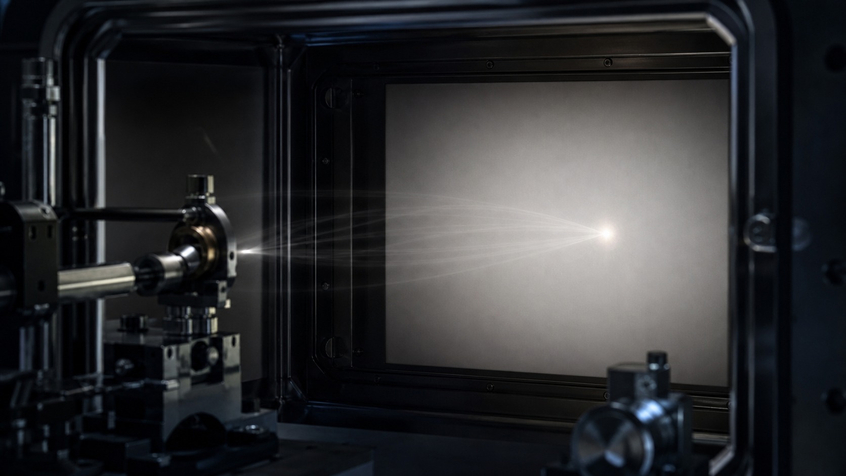 Unmarked detector chamber showing one bright recorded outcome from faint possible paths