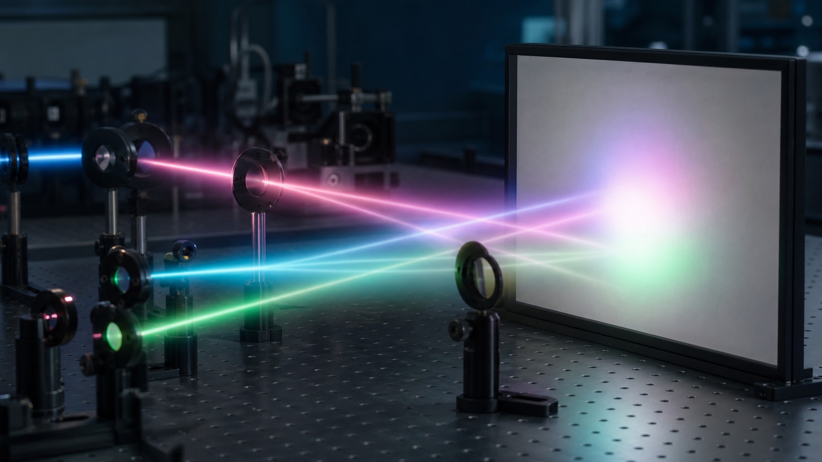 Blank detector panel receiving overlapping unmarked light paths in a clean optics lab