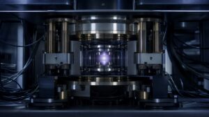 Unmarked quantum chamber with a faint glow held between timer-like lab components