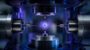 Unmarked atom-like laboratory model with soft probability glow around a central sample