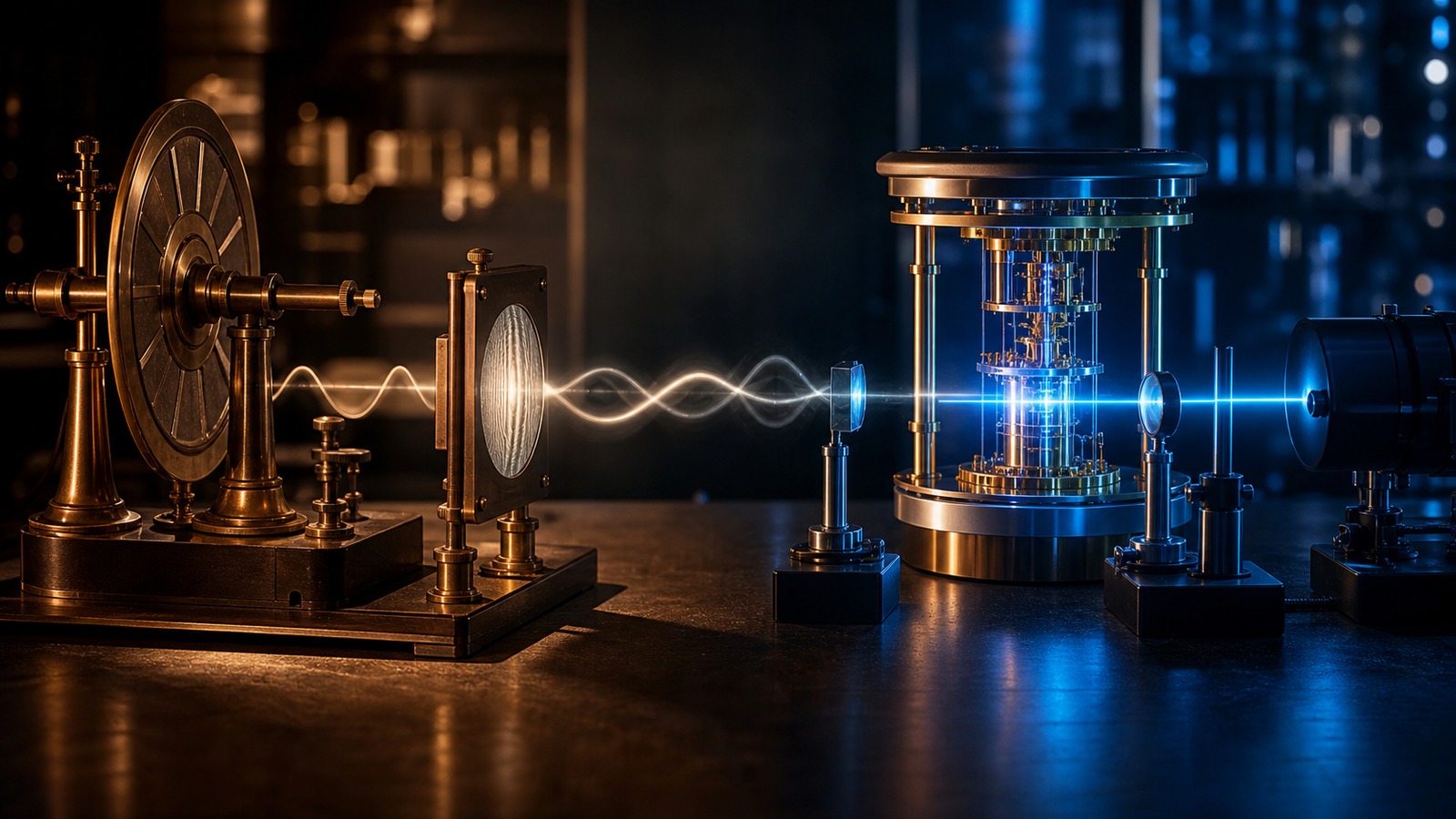 Historical quantum laboratory table with wave apparatus and modern qubit device without markings
