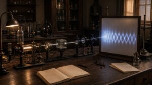 Early physics lab with a wave-like light pattern on a blank frosted surface