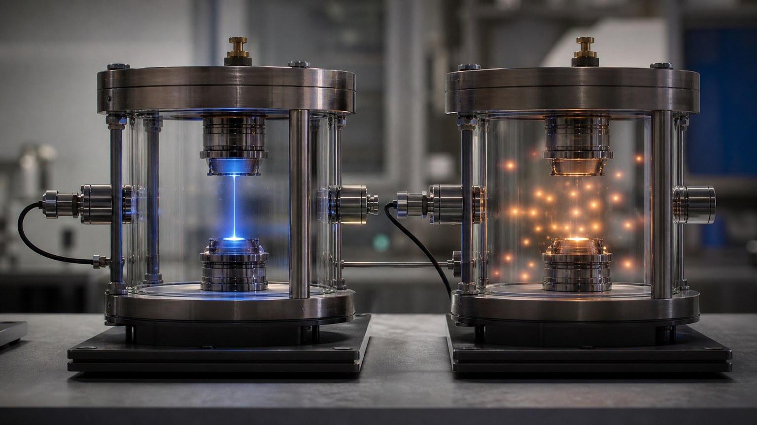 Two blank quantum preparation chambers showing one coherent path and one scattered distribution