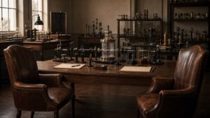 Two empty leather chairs facing across a period physics debate table