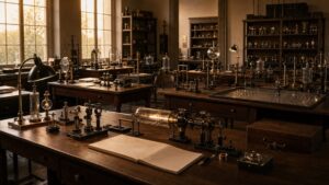 Golden hour period physics institute lab with multiple quantum workstations