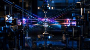 Unmarked laboratory scene with layered quantum paths arranged in a clean geometric chamber