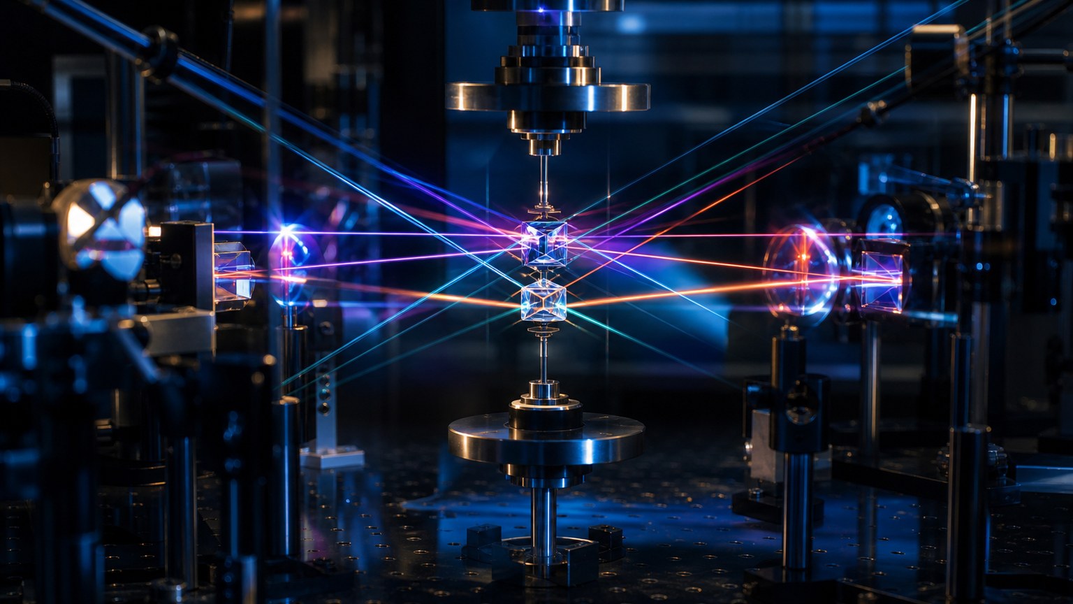 Unmarked laboratory scene with layered quantum paths arranged in a clean geometric chamber