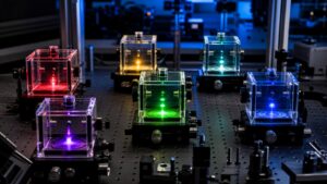 Unmarked laboratory display with several distinct quantum sample chambers