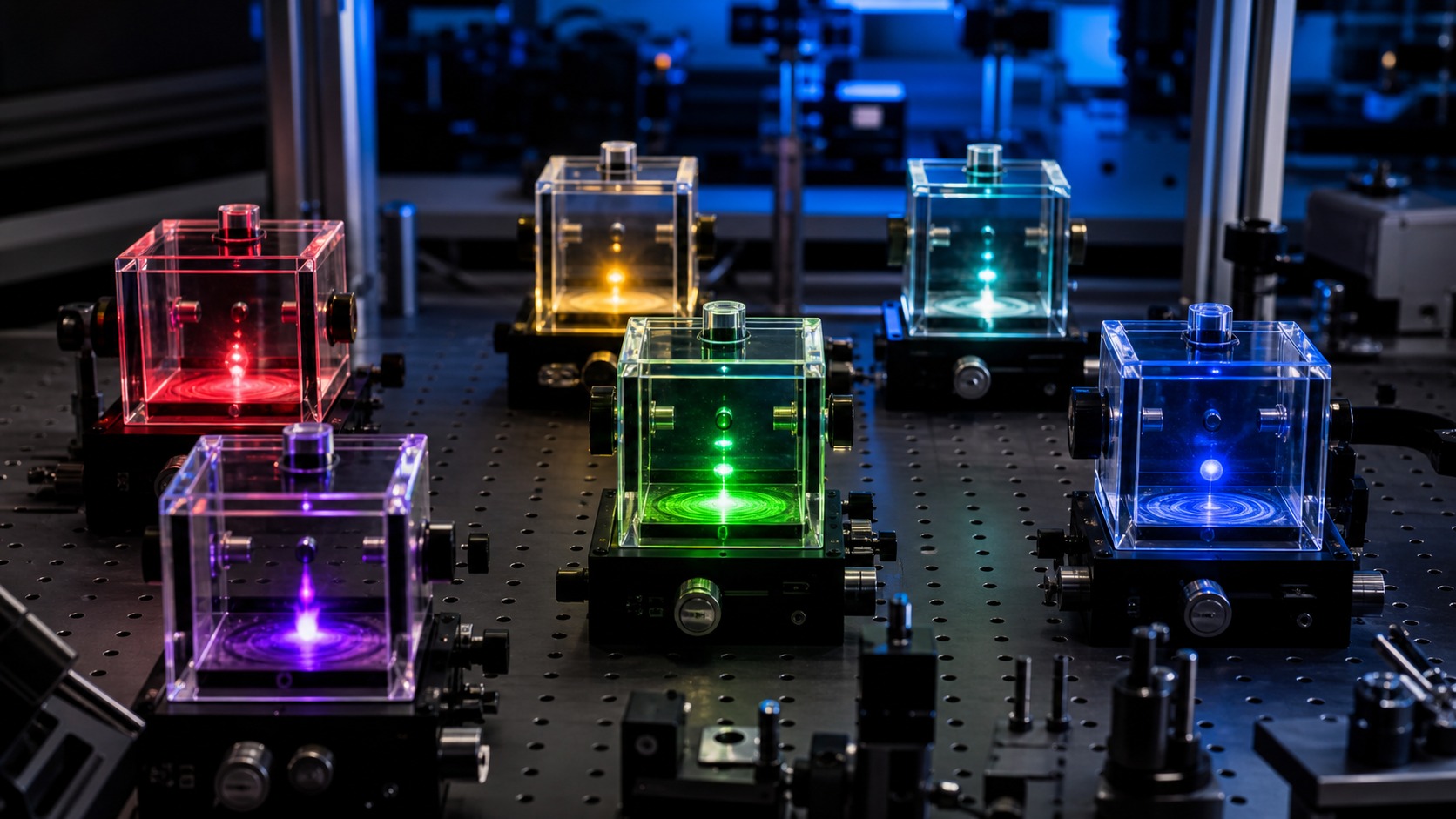 Unmarked laboratory display with several distinct quantum sample chambers