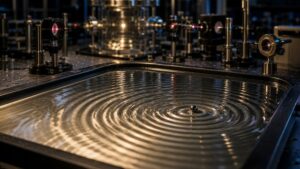 Laboratory fluid wave tray with a small bead surrounded by circular ripples