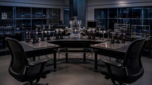 Two empty observer stations facing a central quantum optics apparatus