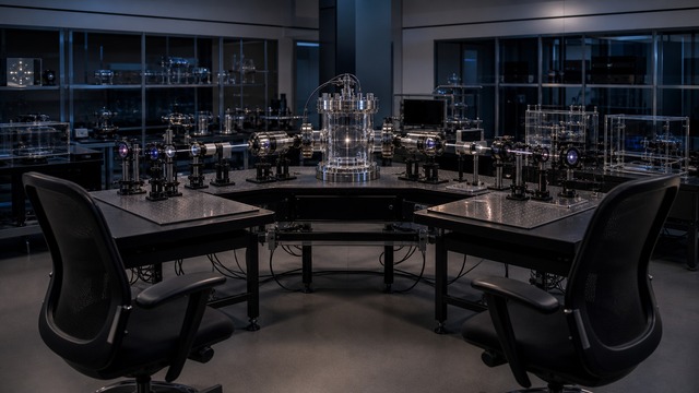 Two empty observer stations facing a central quantum optics apparatus