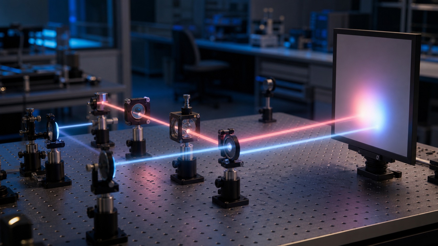 Unmarked interferometer with two soft light paths meeting at a blank detector