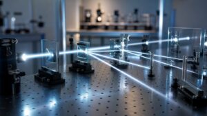 Optics table with one light path splitting into several reflected paths
