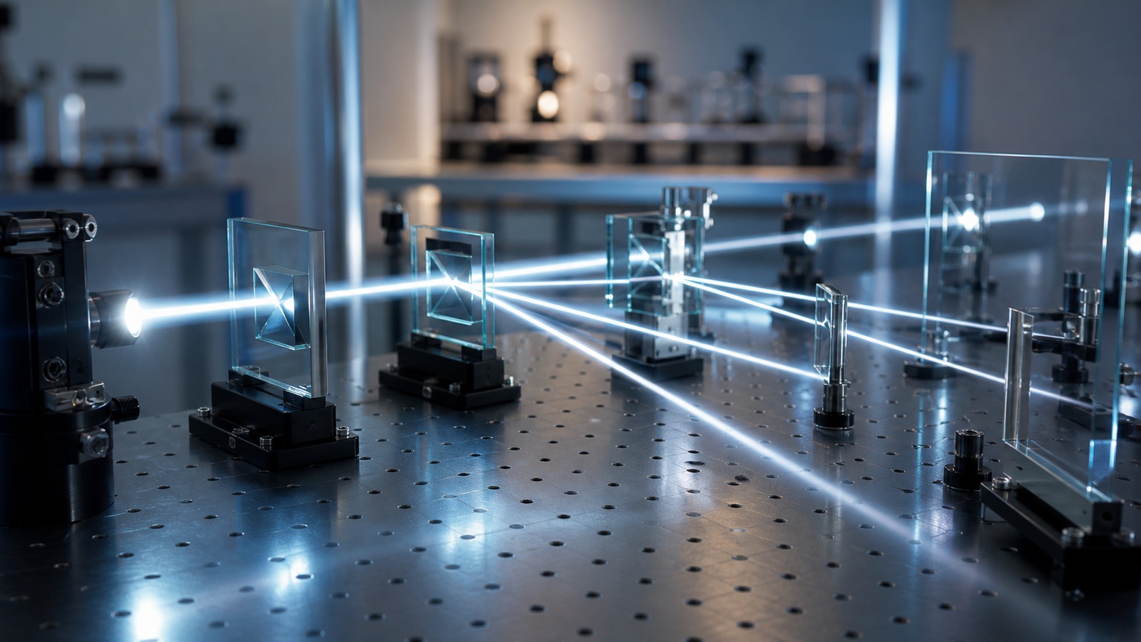 Optics table with one light path splitting into several reflected paths