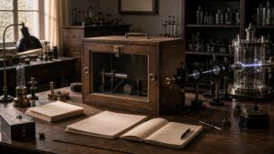Sealed wooden thought experiment box beside quantum optics apparatus