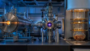 Unmarked laboratory montage of a molecule chamber atom trap and quantum chip
