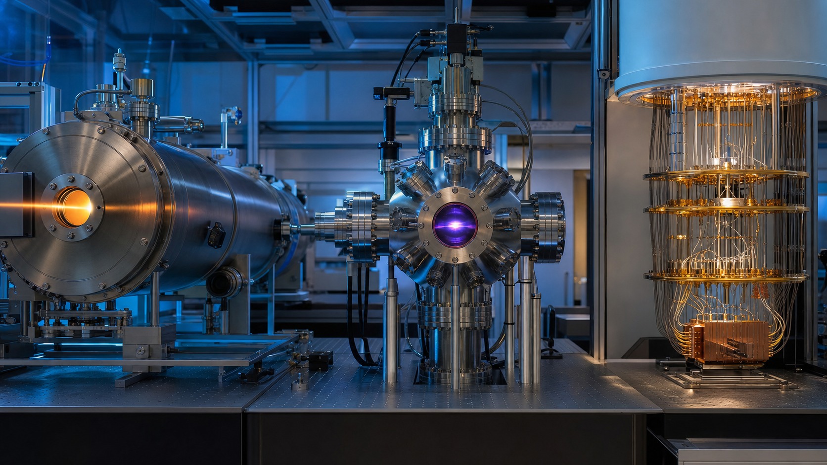 Unmarked laboratory montage of a molecule chamber atom trap and quantum chip