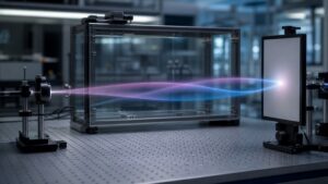 Blank glass chamber with overlapping soft light paths suggesting quantum superposition