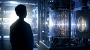 Human silhouette beside atomic-scale wave patterns in a clean editorial lab scene