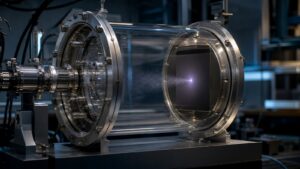 Unmarked detector chamber where a faint spread narrows into one recorded point