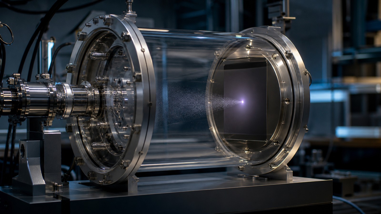Unmarked detector chamber where a faint spread narrows into one recorded point