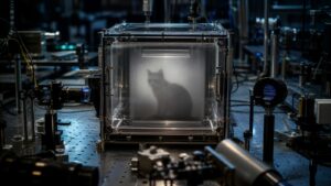 Sealed quantum lab chamber with a cat-shaped shadow and surrounding detectors