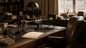 Period-inspired physics office with optical apparatus and blank papers