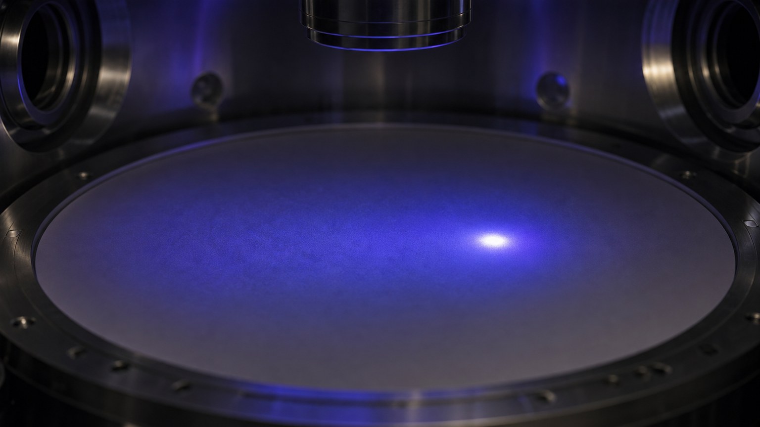Unmarked detector chamber showing a soft electron probability glow and one bright hit