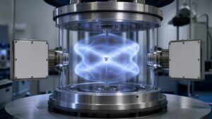 Unmarked quantum chamber with a tiny sample inside a soft probability-cloud glow