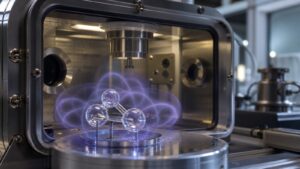 Unmarked lab scene with atom-like sample molecular stage and material surface glows