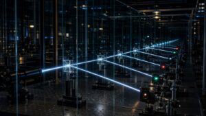 Quantum lab experiment surrounded by multiple observation paths and detectors
