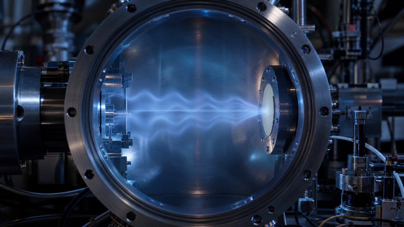 Unmarked lab chamber showing a soft wave-like glow beside a localized detector point