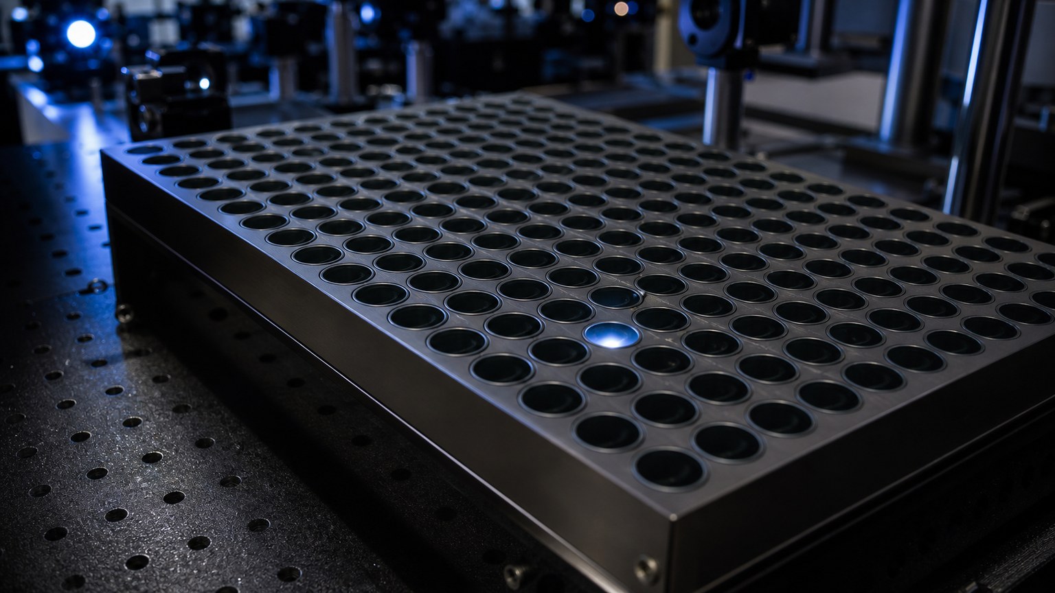 Unmarked detector array showing one bright event among many possible positions