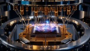 Unmarked quantum processor chamber with light paths converging on a blank chip
