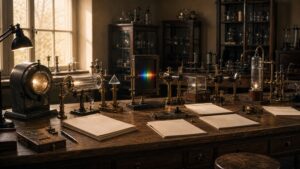 Early twentieth century physics lab with radiation and spectroscopy apparatus