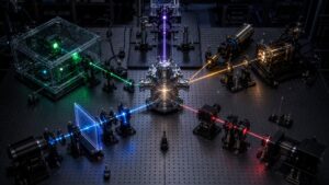 Quantum detector showing one bright measurement event after a diffuse optical path