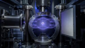 Unmarked laboratory chamber with a soft wave-like glow around a quantum sample