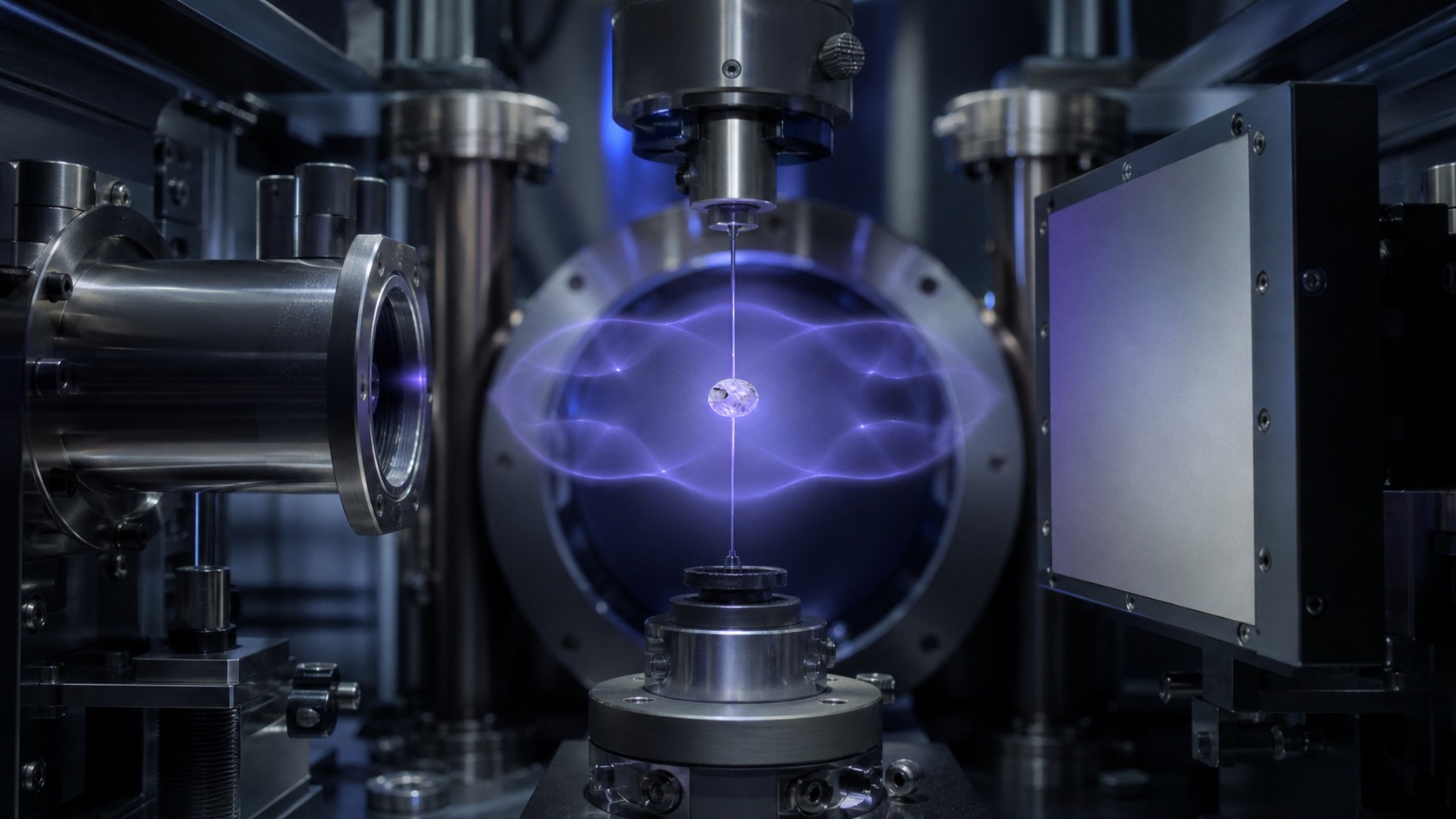 Unmarked laboratory chamber with a soft wave-like glow around a quantum sample