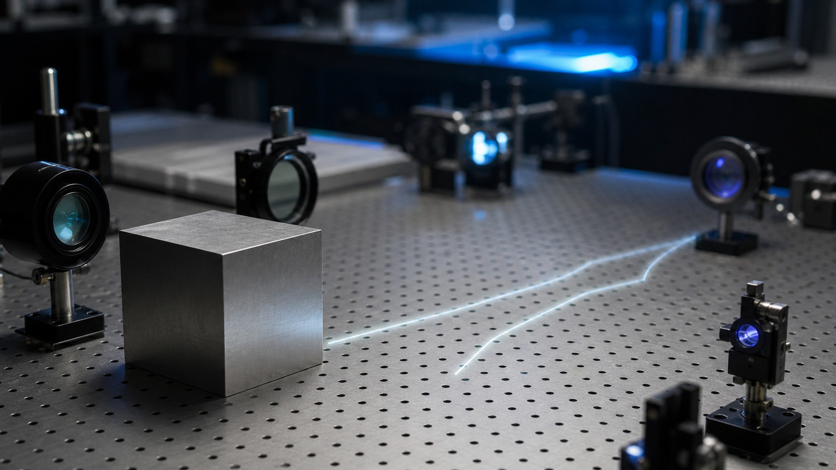 Unmarked optics bench with familiar solid objects beside faint quantum paths