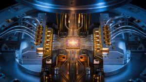 Unmarked cryogenic chip with two softly lit readout paths and a central glow