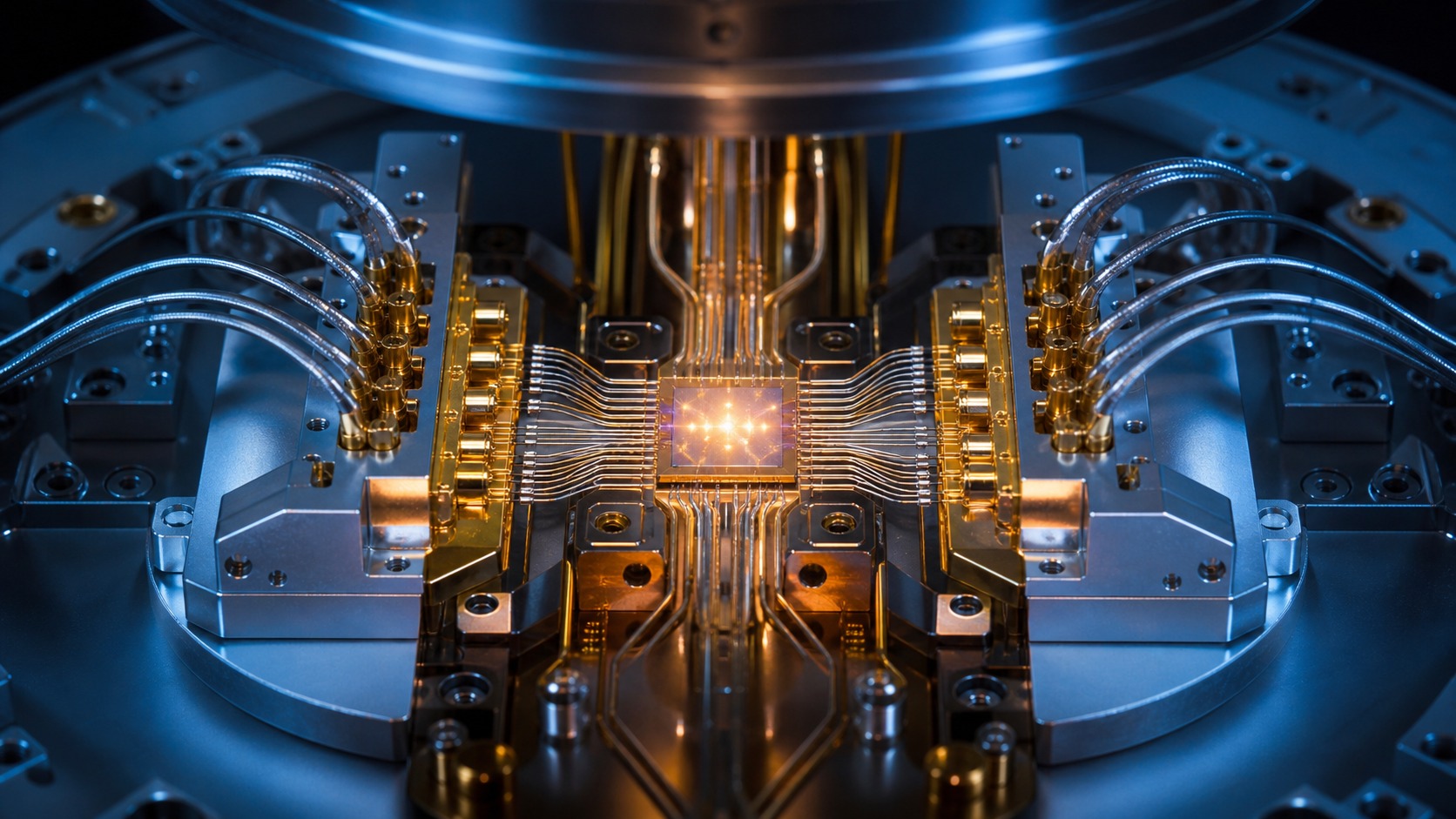 Unmarked cryogenic chip with two softly lit readout paths and a central glow